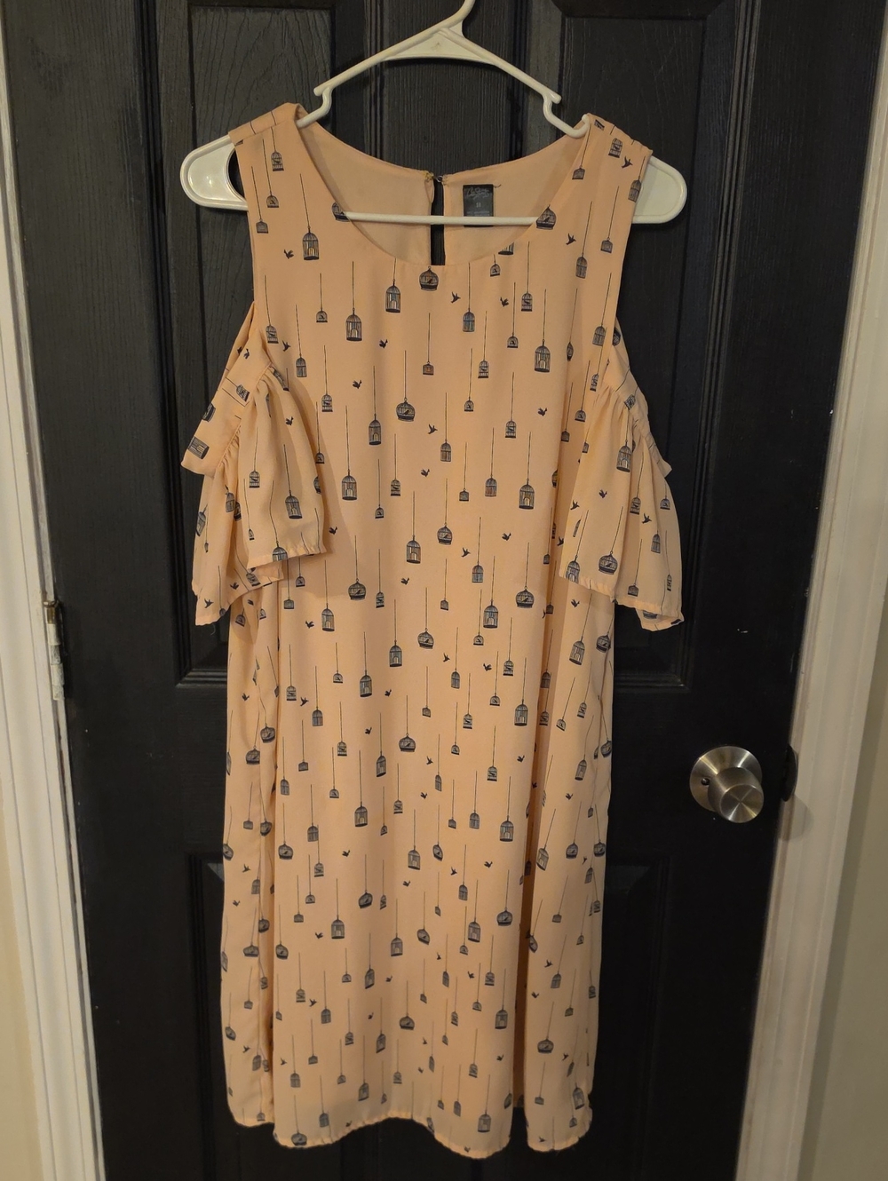 City Streets Peach Cold-Shoulder Shift Dress with Birdcage Print